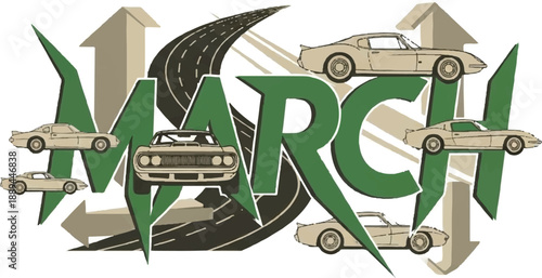 Vehicles moving forward on a road with a large March text overlay and arrows indicating direction