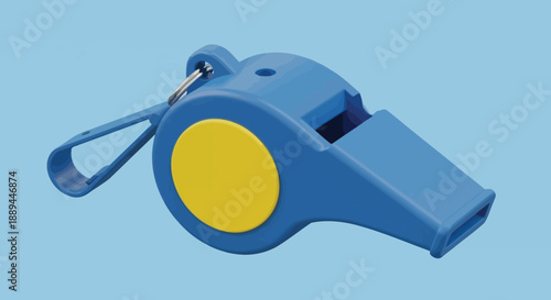A vibrant blue and yellow sports whistle with a lanyard attachment is prominently displayed against a light blue background