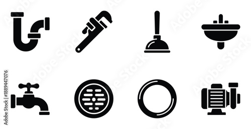 Plumbing icon set featuring essential tools and fixtures for plumbing design and construction work.