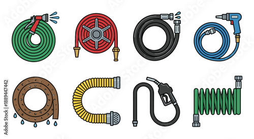 Selection of coiled hoses, including garden, fire, mud, gas, and industrial, with varying connectors and textures.
