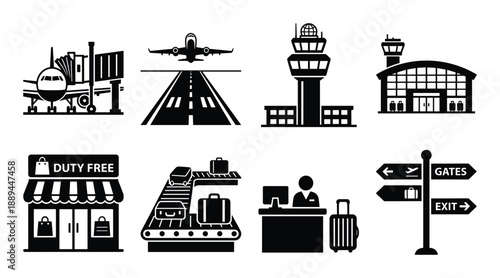 Set of airport related vector icons, including airplane, terminal, duty free shop, and baggage claim symbols.