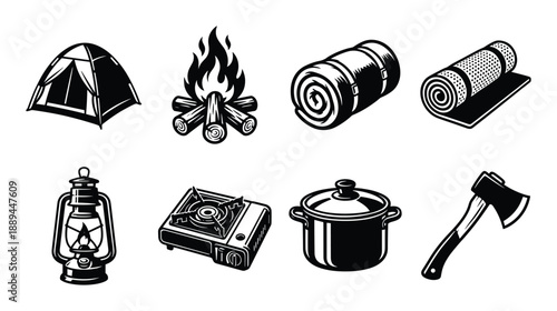 Set of camping equipment icons in vector format. Includes a tent, campfire, sleeping bag, and more.