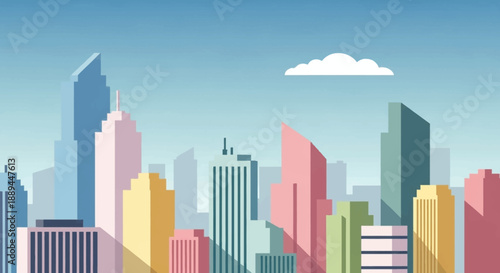 Colorful Flat Design Cityscape with Modern Skyscrapers and a Cloud Against a Blue Sky, Representing Urban Development and a Vibrant City Skyline.