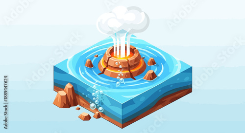 Isometric Volcanic Island Erupting with Smoke and Lava in an Ocean Setting, Depicting Natural Geological Activity and Powerful Forces on a Light Blue Background.