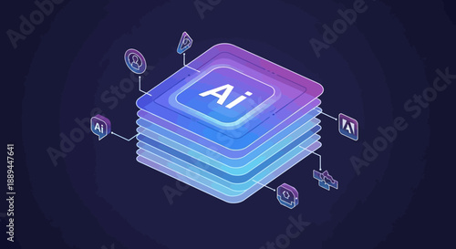 Isometric Artificial Intelligence Concept with Glowing Data Stack and Interconnected Icons, Representing Machine Learning and Digital Technology on a Dark Gradient Background.