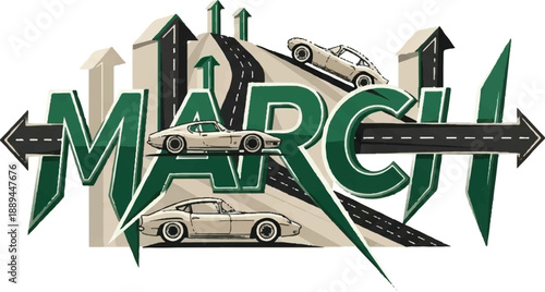 Cars navigating through roads with arrows pointing in different directions during the month of March