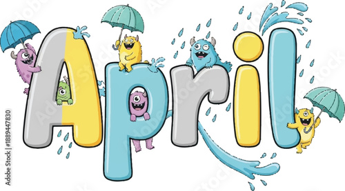 Colorful Cartoon Characters Celebrating April Showers with Umbrellas in a Whimsical Scene