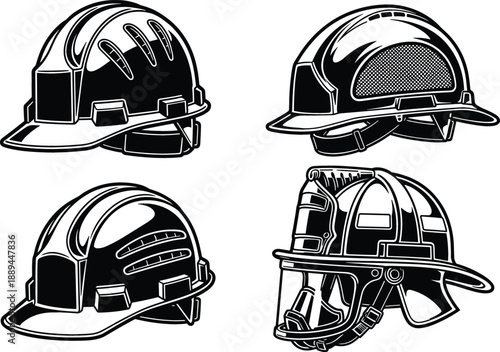 Industrial safety hard hat and firefighter helmet illustration set for construction site safety and emergency response branding vector