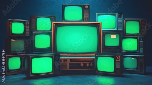 stack of vintage crt televisions with glowing green screens in a dark room evoking a mysterious nostalgic and eerie atmosphere