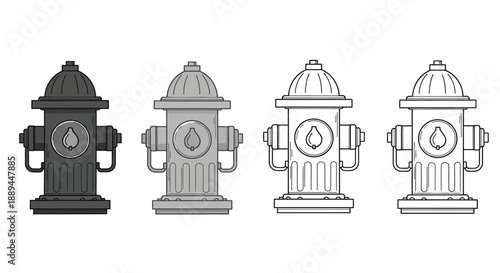 A collection of four differently shaded fire hydrant illustrations displayed in a row showcasing visual variations