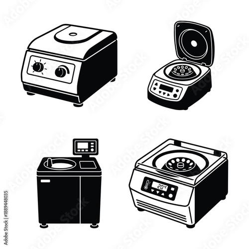 Set of laboratory centrifuge machines. Scientific equipment for medical, research, and lab use. Different models.