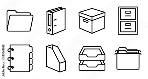 Set of office organization icons. Filing cabinet, file folders, storage box, notebook, and tray illustrations.