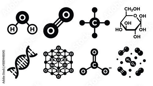 Set of molecular structures including water, oxygen, methane, glucose, DNA, sodium chloride, carbonate, and gases.