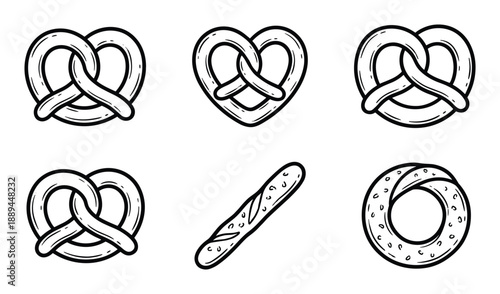 Set of pretzel illustrations. Vector line art outlines. Variety of bread and baked goods illustrations.