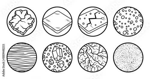 Set of texture samples in circle icons, including rock, square, dots, grains, crystals, cracked, wood.