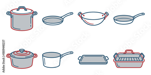 Set of various cookware icons for cooking, baking, and food preparation. Cooking pots, pans, bakeware.