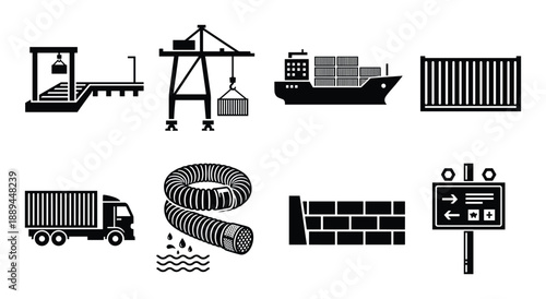 Shipping port with cargo ship, container truck, loading crane and water pipe leakage icons set.