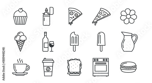A collection of black and white line art icons representing various foods beverages and kitchen items