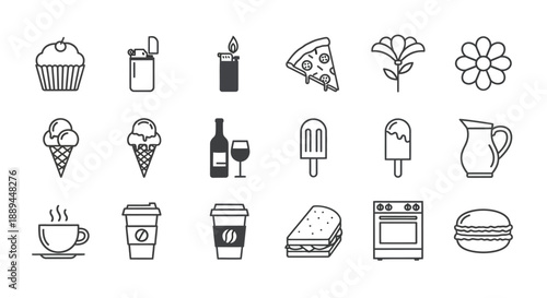 A collection of simple black and white line drawings depicting various food drink and floral items