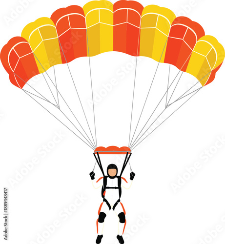 Skydiver descending with an open orange and yellow parachute isolated on white background for extreme sports adventure and outdoor recreation concepts.