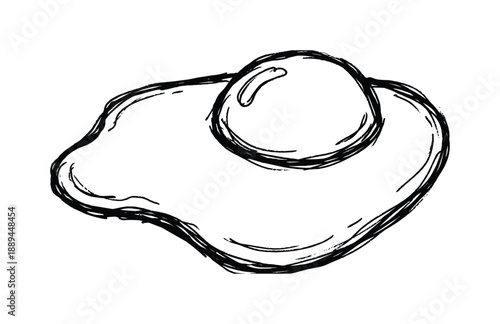 Simple black and white illustration of a fried egg with a visible yolk in a rough, hand-drawn doodle style.