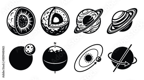 Space planets and astronomy symbols vector, celestial bodies with rings, axis, and rotation icon set.