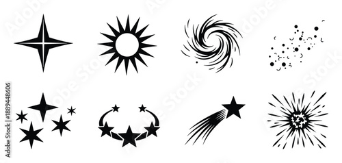 Space theme design elements starbursts, constellations, spirals, and star trails in black.