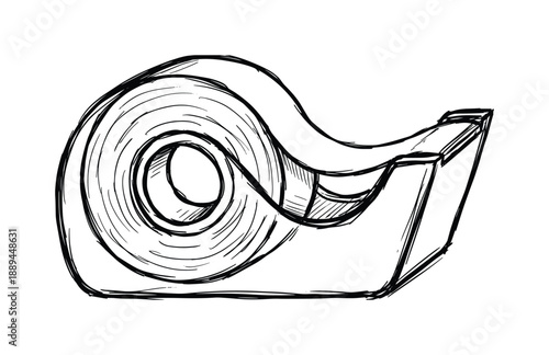Tape dispenser sketch illustration, office supplies, hand-drawn design tape holder in doodle style.