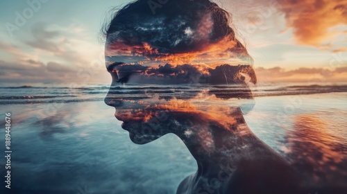 A digital art image of a woman's profile with a sky overlayed.