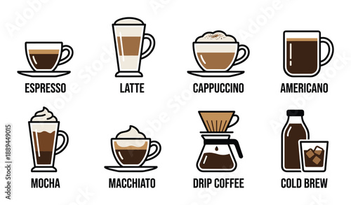 Various coffee drinks vector art. Illustration of espresso, latte, cappuccino, and americano beverages.