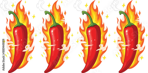 Hot red chili pepper cartoon set with intense orange flames and smoke sparks isolated on white background for spicy food seasoning design.