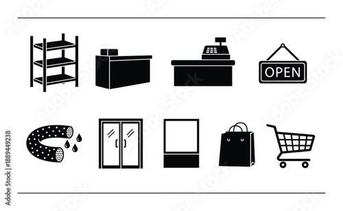 Vector black silhouette icon set of retail store equipment and shopping elements. Cart, shelves, counter, sign