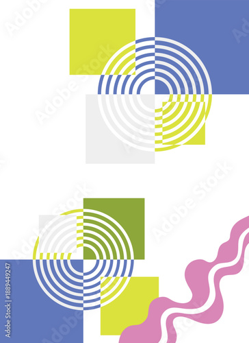 A colorful abstract design with a pink wave in the background. The design is made up of squares and circles