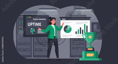 Woman in server room presenting successful uptime data with charts and a trophy.