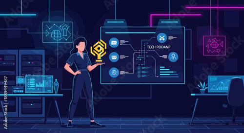 A female professional holding a glowing shield icon in a futuristic technology control center.