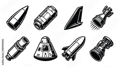 Vector illustration of rocket and spacecraft elements in a retro style. Isolated on white.