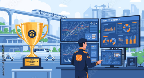 Control Room Operator Analyzing Smart City Data with a Winners Trophy.