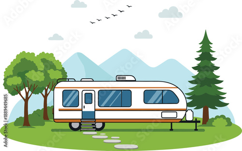 RV camping trailer in scenic mountain nature landscape with trees and forest for outdoor adventure and travel branding vector