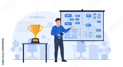 Successful businessman presenting a winning strategy flowchart on a projector screen with a trophy.