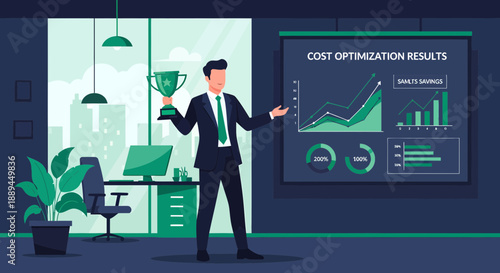 Successful Businessman Presents Cost Optimization Results with Trophy.