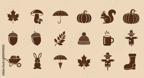 A collection of autumn themed icons including leaves pumpkins mushrooms and woodland creatures depicted in brown
