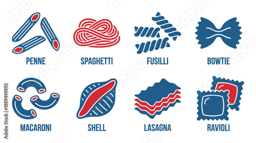 Vector illustration showcasing a variety of pasta shapes, including penne, spaghetti, fusilli, bowtie, macaroni, and more.