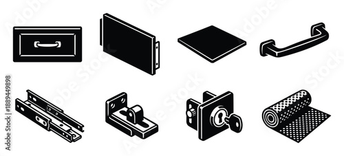Vector illustration set of drawer hardware parts including front, handle, slider, lock and key, mat for repair works.