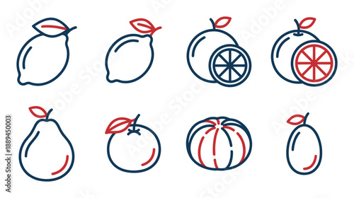 Vector outline illustration of fruits icons set. Isolated lemon, orange, pear, plum in blue and red color scheme.