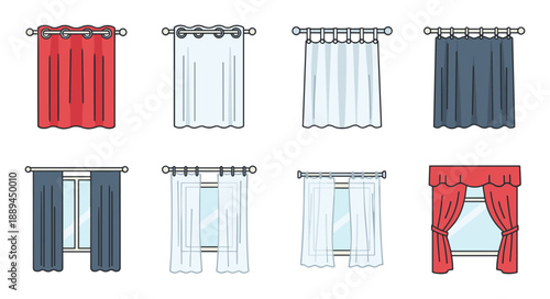 Vector set of various curtains, open and closed, in different styles, and colors on curtain rods.