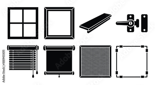 Vector window fixtures in silhouette, including windows, blinds, screens and hardware components.