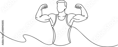 Minimal one line drawing of a strong athlete flexing muscles. Continuous line art illustration symbolizing fitness, strength, bodybuilding, and healthy lifestyle. Ideal for gym branding, sports poster