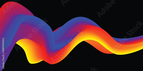 Dynamic, fluid, abstract shape with a vibrant rainbow gradient of blue, purple, red, orange, and yellow, flowing on a black background.