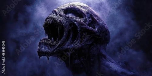 dark monstrous creature with gaping mouth and sharp teeth emerging from misty purple-blue background evoking fear and horror