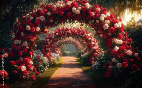 Sunlit garden pathway flanked by successive arches covered in red, pink and white roses with lush green foliage and flowerbeds, evoking a romantic, serene, dreamy mood